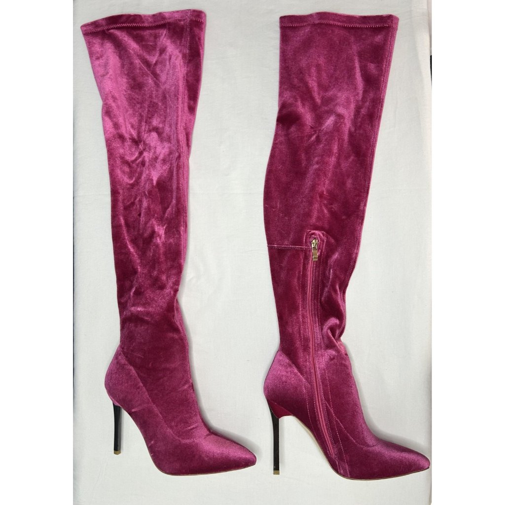 Thigh High Velvet Boots Womens 6.5 Us Eu 37 Barbie Pink Pointed Toe Stiletto